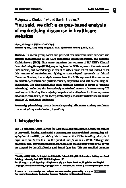 'You said, we did': A corpus-based analysis of marketising discourse in healthcare websites Thumbnail