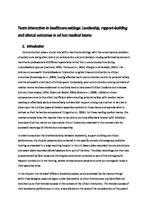 Team interaction in healthcare settings: Leadership, rapport-building and clinical outcomes in ad hoc medical teams. Thumbnail