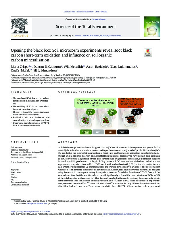 Opening the black box: Soil microcosm experiments reveal soot black carbon short-term oxidation and influence on soil organic carbon mineralisation Thumbnail