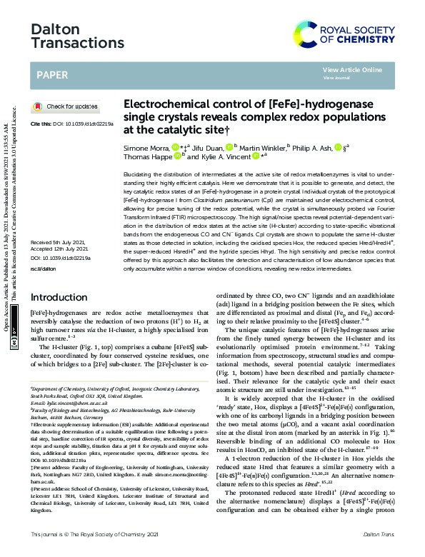 Electrochemical control of [FeFe]-hydrogenase single crystals reveals complex redox populations at the catalytic site Thumbnail