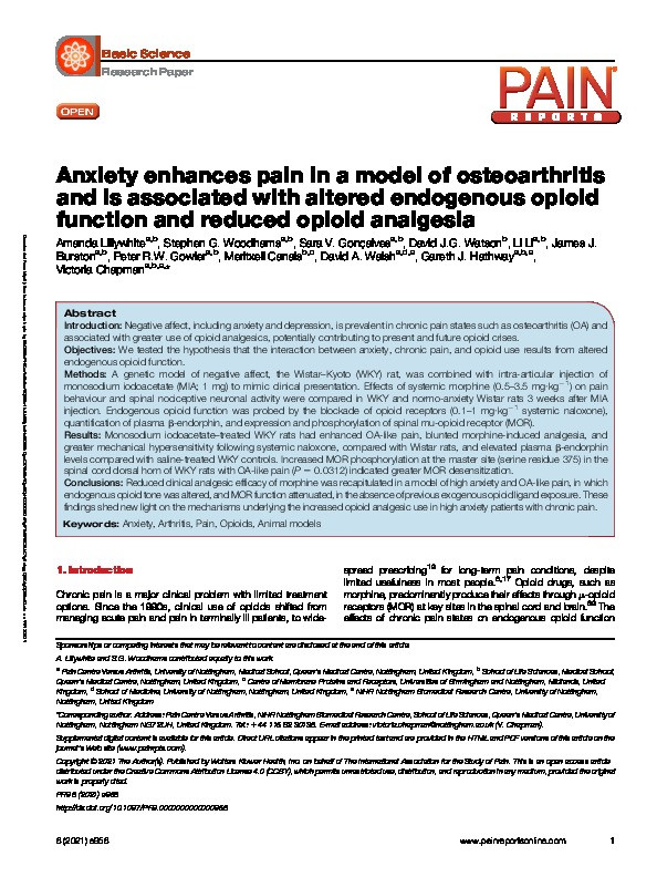 Anxiety enhances pain in a model of osteoarthritis and is associated with altered endogenous opioid function and reduced opioid analgesia Thumbnail