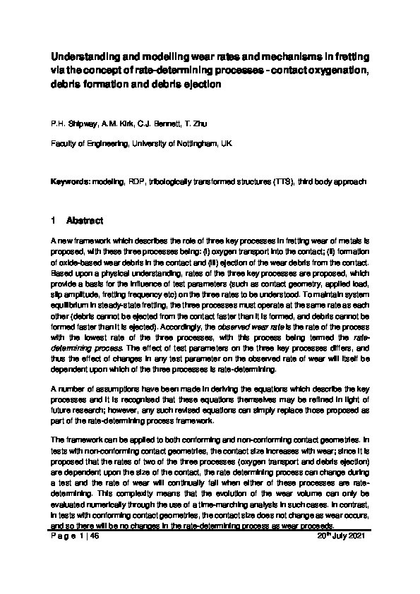 Understanding and modelling wear rates and mechanisms in fretting via the concept of rate-determining processes - Contact oxygenation, debris formation and debris ejection Thumbnail