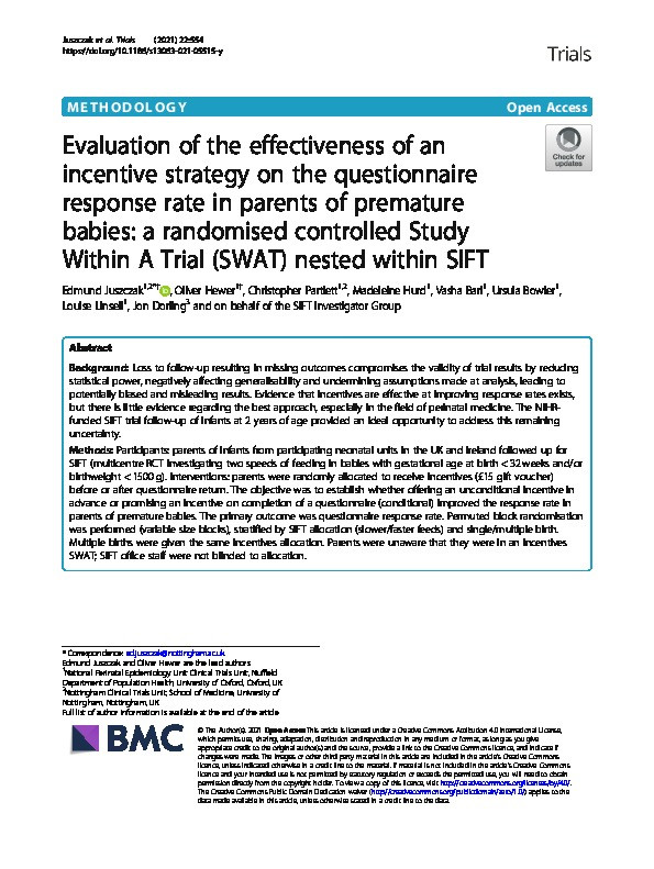 Evaluation of the effectiveness of an incentive strategy on the questionnaire response rate in parents of premature babies: a randomised controlled Study Within A Trial (SWAT) nested within SIFT Thumbnail