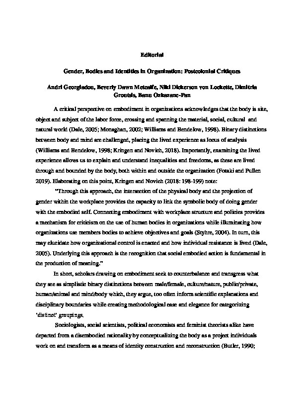 Gender, bodies and identities in organization: Postcolonial critiques Thumbnail