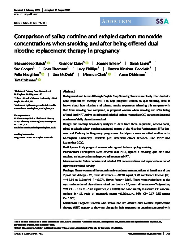 Comparison of saliva cotinine and exhaled carbon monoxide concentrations when smoking and after being offered dual nicotine replacement therapy in pregnancy Thumbnail