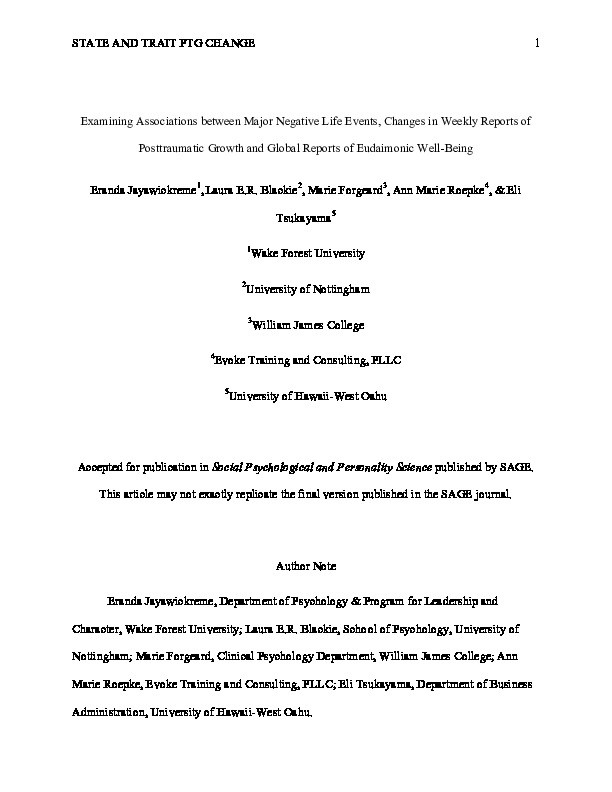 Examining Associations Between Major Negative Life Events, Changes in Weekly Reports of Post-Traumatic Growth and Global Reports of Eudaimonic Well-Being Thumbnail