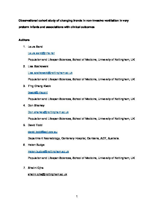 Observational cohort study of changing trends in non-invasive ventilation in very preterm infants and associations with clinical outcomes Thumbnail