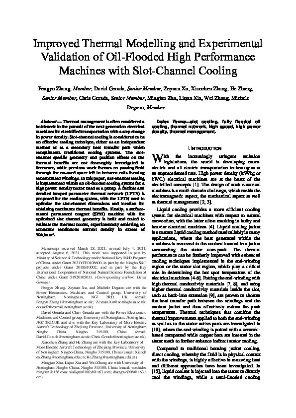 Improved Thermal Modeling and Experimental Validation of Oil-Flooded High-Performance Machines with Slot-Channel Cooling Thumbnail