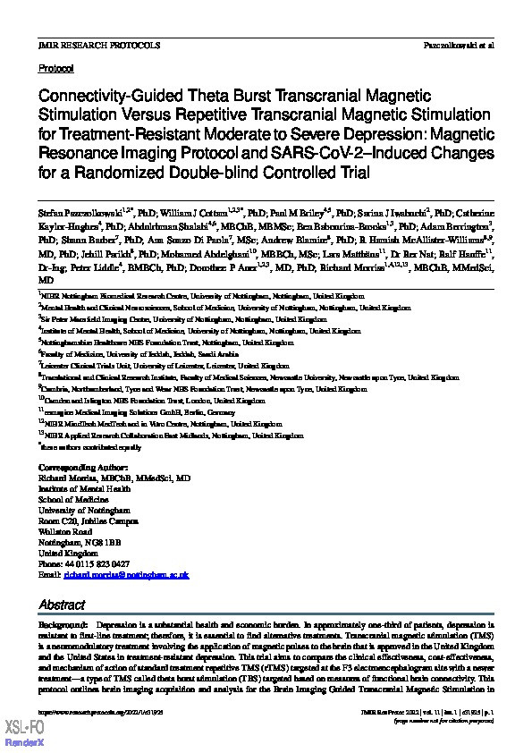 Connectivity-Guided Theta Burst Transcranial Magnetic Stimulation Versus Repetitive Transcranial Magnetic Stimulation for Treatment-Resistant Moderate to Severe Depression: Magnetic Resonance Imaging Protocol and SARS-CoV-2–Induced Changes for a Randomized Double-blind Controlled Trial Thumbnail