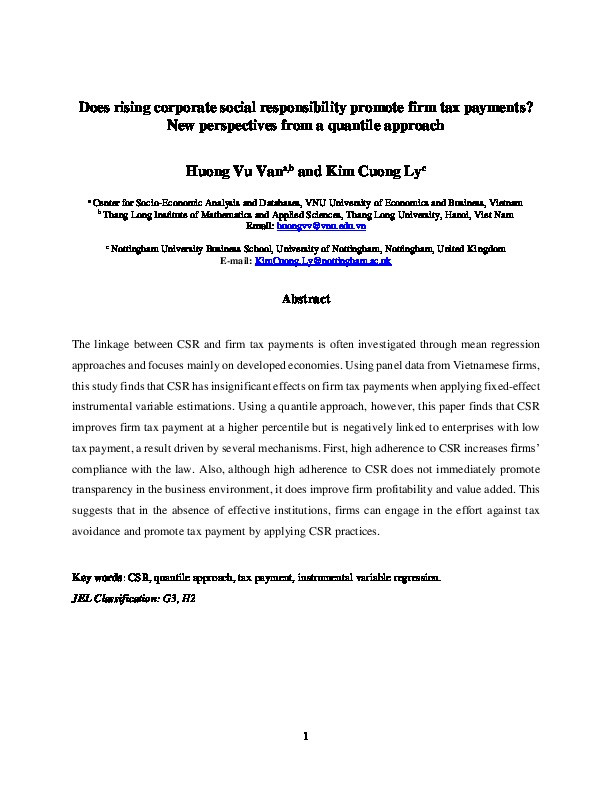 Does rising corporate social responsibility promote firm tax payments? New perspectives from a quantile approach Thumbnail