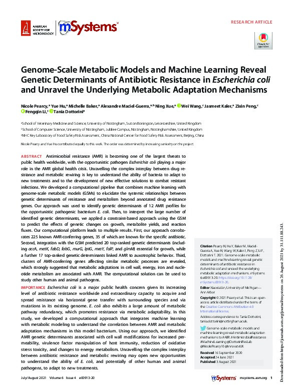 Genome-Scale Metabolic Models and Machine Learning Reveal Genetic Determinants of Antibiotic Resistance in Escherichia coli and Unravel the Underlying Metabolic Adaptation Mechanisms Thumbnail