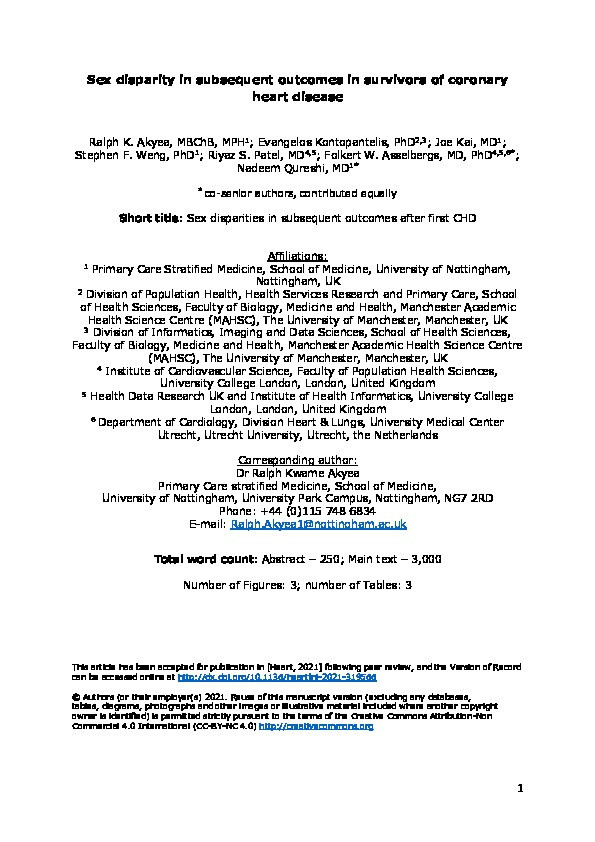 Sex disparity in subsequent outcomes in survivors of coronary heart disease Thumbnail