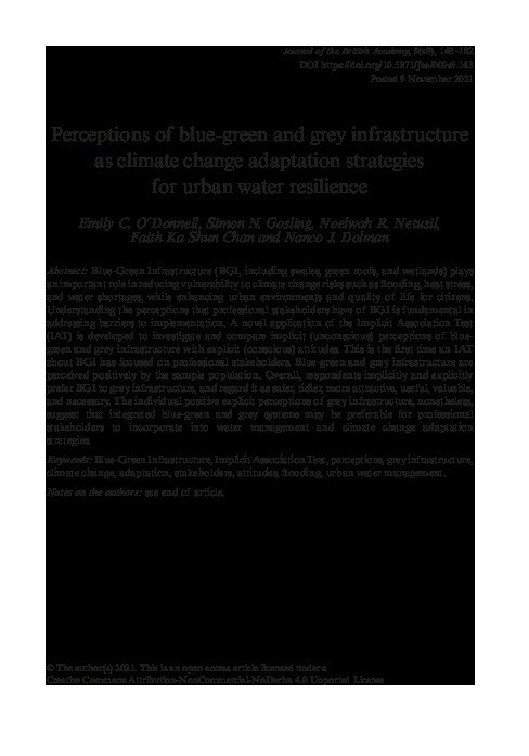Perceptions of Blue-Green and Grey Infrastructure as Climate Change Adaptation Strategies for Urban Water Resilience Thumbnail