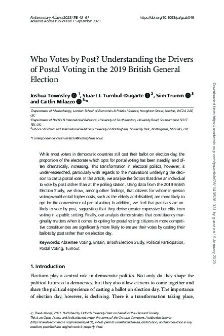 Who Votes by Post? Understanding the Drivers of Postal Voting in the 2019 British General Election Thumbnail