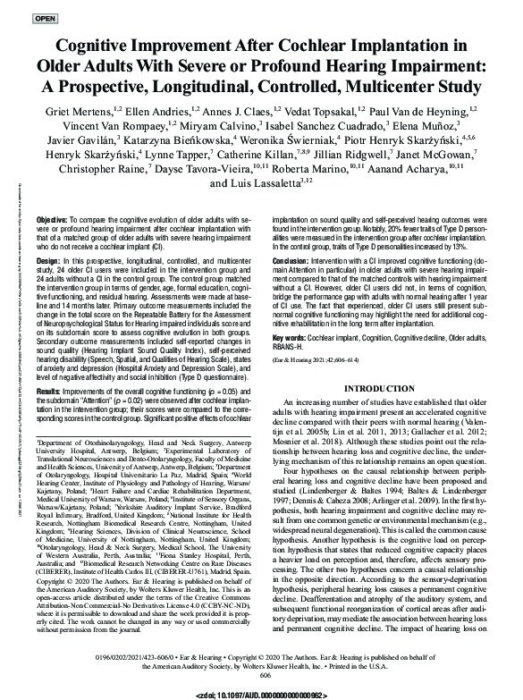 Cognitive Improvement After Cochlear Implantation in Older Adults With Severe or Profound Hearing Impairment: A Prospective, Longitudinal, Controlled, Multicenter Study Thumbnail