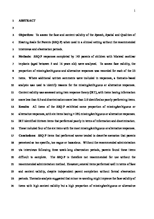 Face and content validity analysis of the Speech, Spatial and Qualities of Hearing Scale for Parents (SSQ-P) when used in a clinical service without interviews or week-long observation periods Thumbnail