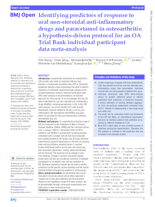 Identifying predictors of response to oral non-steroidal anti-inflammatory drugs and paracetamol in osteoarthritis: a hypothesis-driven protocol for an OA Trial Bank individual participant data meta-analysis Thumbnail