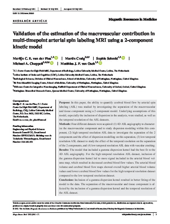 Validation of the estimation of the macrovascular contribution in multi‐timepoint arterial spin labeling MRI using a 2‐component kinetic model Thumbnail