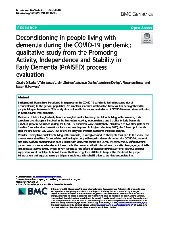 Deconditioning in people living with dementia during the COVID-19 pandemic: qualitative study from the Promoting Activity, Independence and Stability in Early Dementia (PrAISED) process evaluation Thumbnail