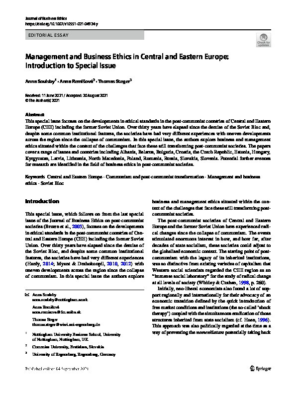 Management and Business Ethics in Central and Eastern Europe: Introduction to Special Issue Thumbnail