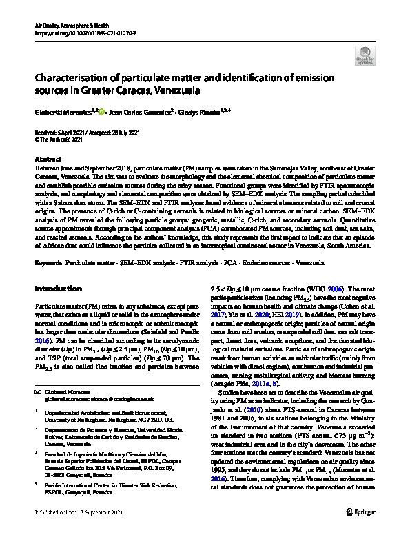 Characterisation of particulate matter and identification of emission sources in Greater Caracas, Venezuela Thumbnail