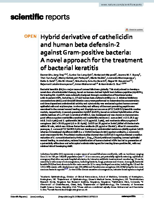 Hybrid derivative of cathelicidin and human beta defensin-2 against Gram-positive bacteria: A novel approach for the treatment of bacterial keratitis Thumbnail