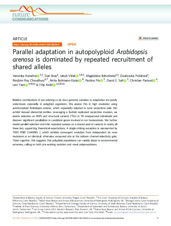 Parallel adaptation in autopolyploid Arabidopsis arenosa is dominated by repeated recruitment of shared alleles Thumbnail