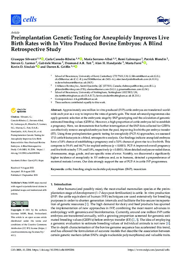 Preimplantation genetic testing for aneuploidy improves live birth rates with in vitro produced bovine embryos: A blind retrospective study Thumbnail