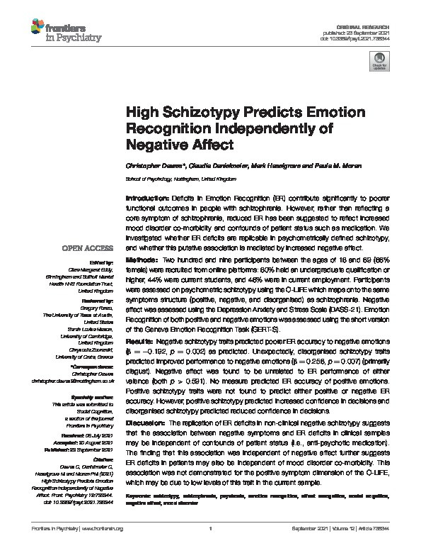 High Schizotypy Predicts Emotion Recognition Independently of Negative Affect Thumbnail
