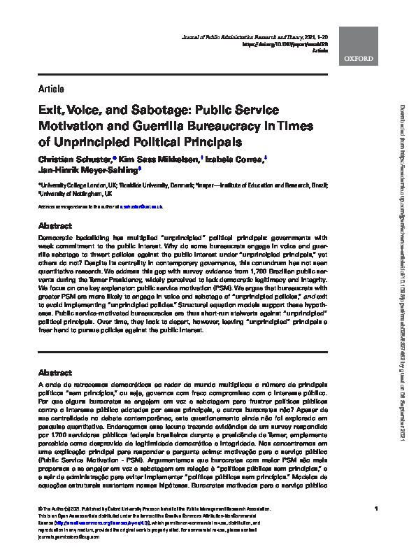 Exit, Voice, and Sabotage: Public Service Motivation and Guerrilla Bureaucracy in Times of Unprincipled Political Principals Thumbnail