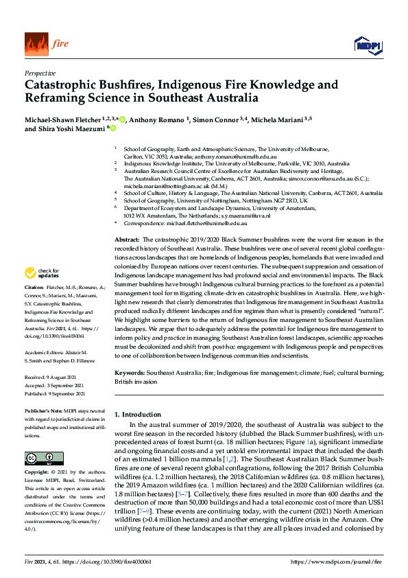 Catastrophic bushfires, indigenous fire knowledge and reframing science in Southeast Australia Thumbnail