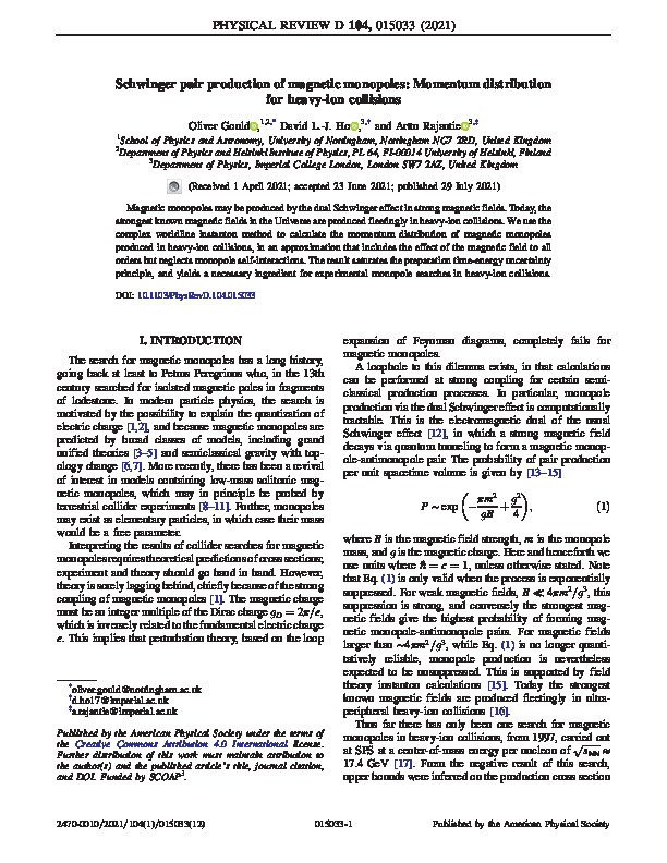 Schwinger pair production of magnetic monopoles: Momentum distribution for heavy-ion collisions Thumbnail