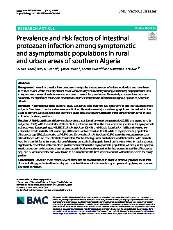 Prevalence and risk factors of intestinal protozoan infection among symptomatic and asymptomatic populations in rural and urban areas of southern Algeria Thumbnail