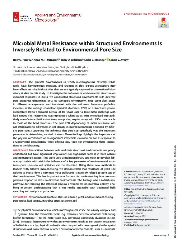 Microbial Metal Resistance within Structured Environments Is Inversely Related to Environmental Pore Size Thumbnail