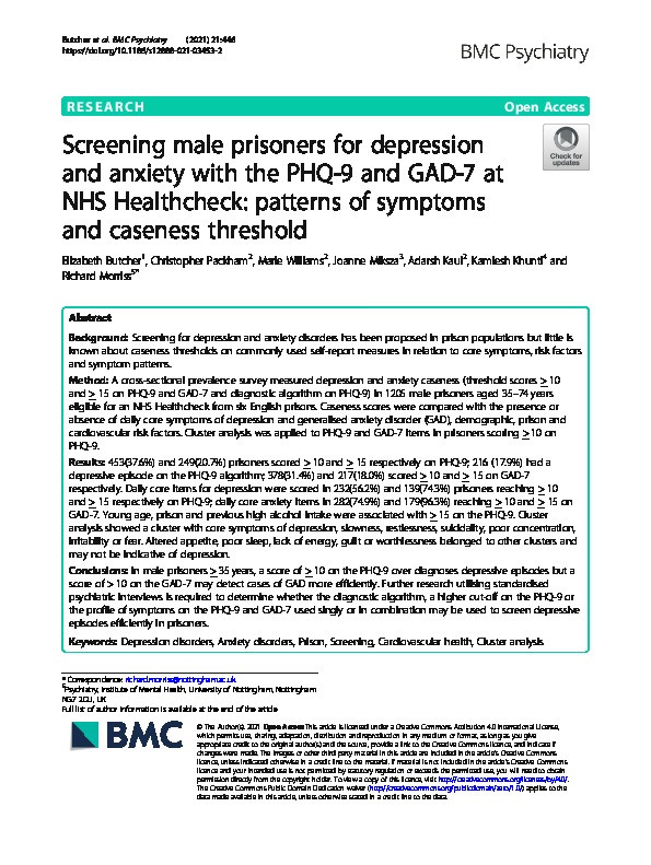 Screening male prisoners for depression and anxiety with the PHQ-9 and GAD-7 at NHS Healthcheck: patterns of symptoms and caseness threshold Thumbnail