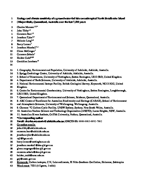Ecology and climate sensitivity of a groundwater-fed lake on subtropical North Stradbroke Island (Minjerribah), Queensland, Australia over the last 7,500 years Thumbnail