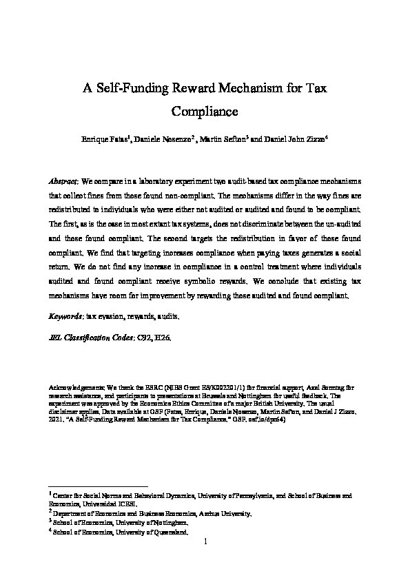 A self-funding reward mechanism for tax compliance Thumbnail