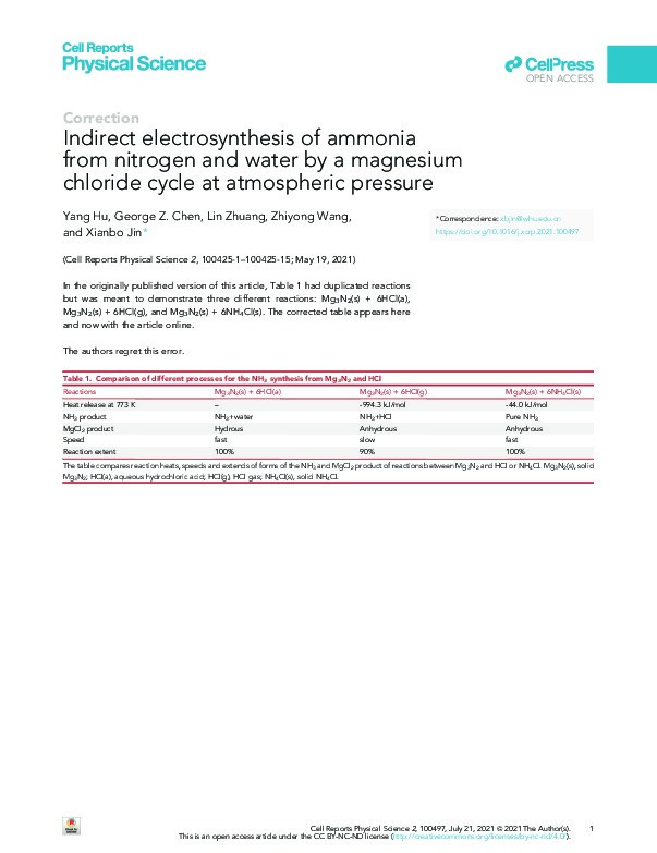 Correction: Indirect electrosynthesis of ammonia from nitrogen and water by a magnesium chloride cycle at atmospheric pressure Thumbnail