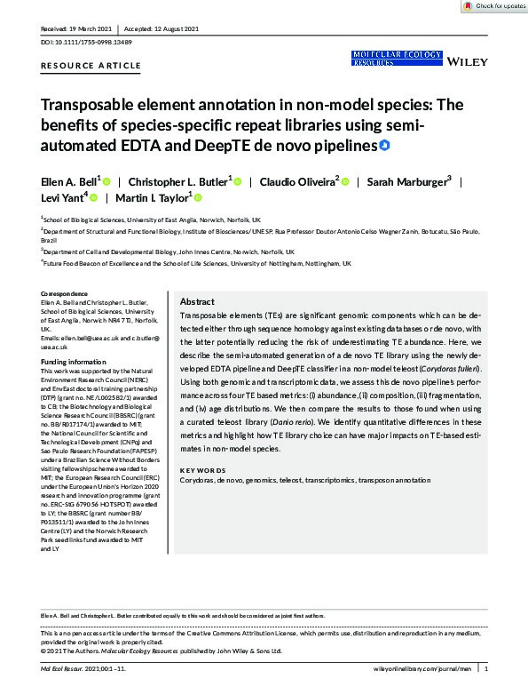 Transposable element annotation in non‐model species: The benefits of species‐specific repeat libraries using semi‐automated EDTA and DeepTE de novo pipelines Thumbnail