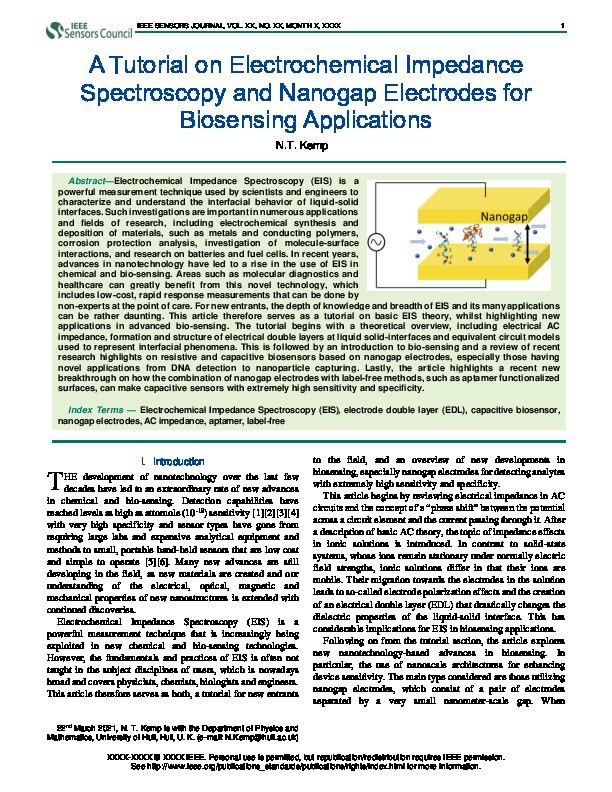 A Tutorial on Electrochemical Impedance Spectroscopy and Nanogap Electrodes for Biosensing Applications Thumbnail