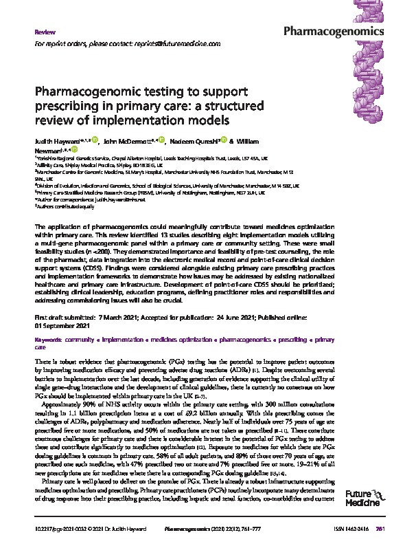 Pharmacogenomic testing to support prescribing in primary care: A structured review of implementation models Thumbnail