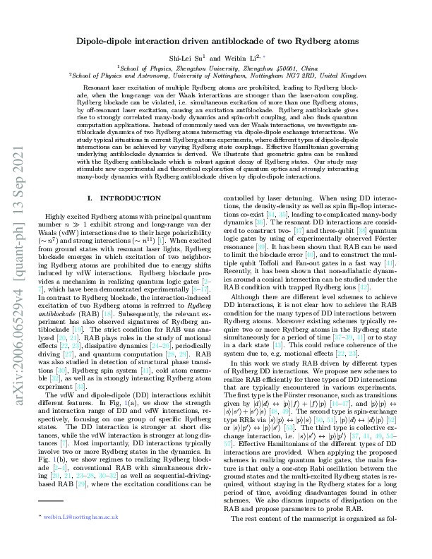 Dipole-dipole-interaction-driven antiblockade of two Rydberg atoms Thumbnail