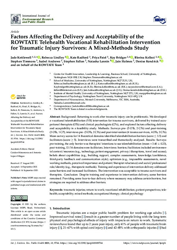 Factors Affecting the Delivery and Acceptability of the ROWTATE Telehealth Vocational Rehabilitation Intervention for Traumatic Injury Survivors: A Mixed-Methods Study Thumbnail