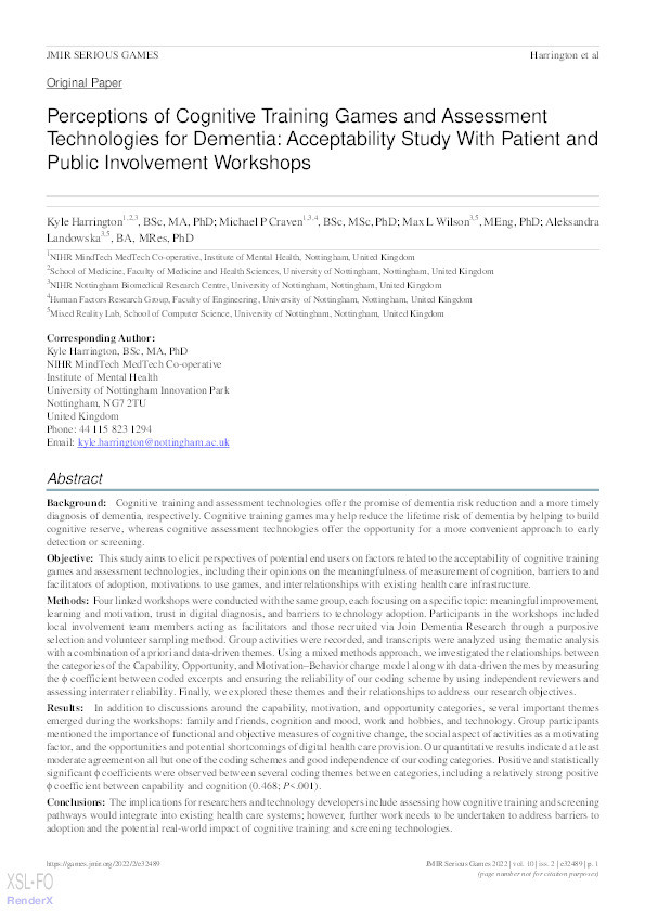 Perceptions of Cognitive Training Games and Assessment Technologies for Dementia: Acceptability Study with Patient and Public Involvement Workshops Thumbnail