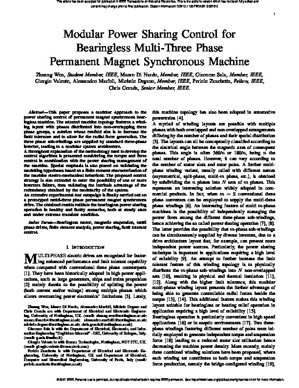 Modular Power Sharing Control for Bearingless Multi-Three Phase Permanent Magnet Synchronous Machine Thumbnail
