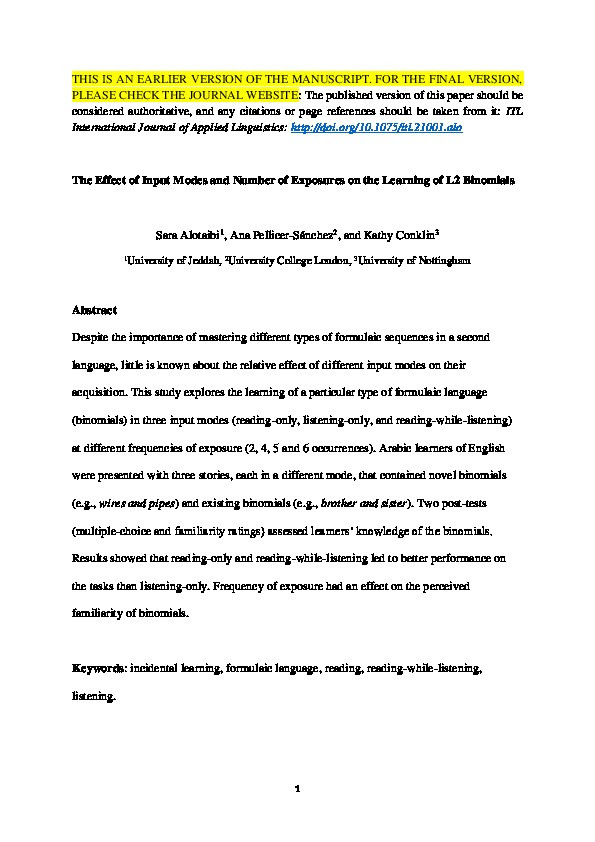 The effect of input modes and number of exposures on the learning of L2 binomials Thumbnail