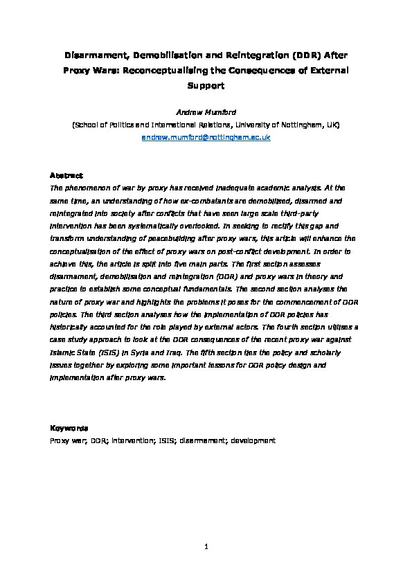 Disarmament, demobilisation and reintegration (DDR) after proxy wars: reconceptualising the consequences of external support Thumbnail