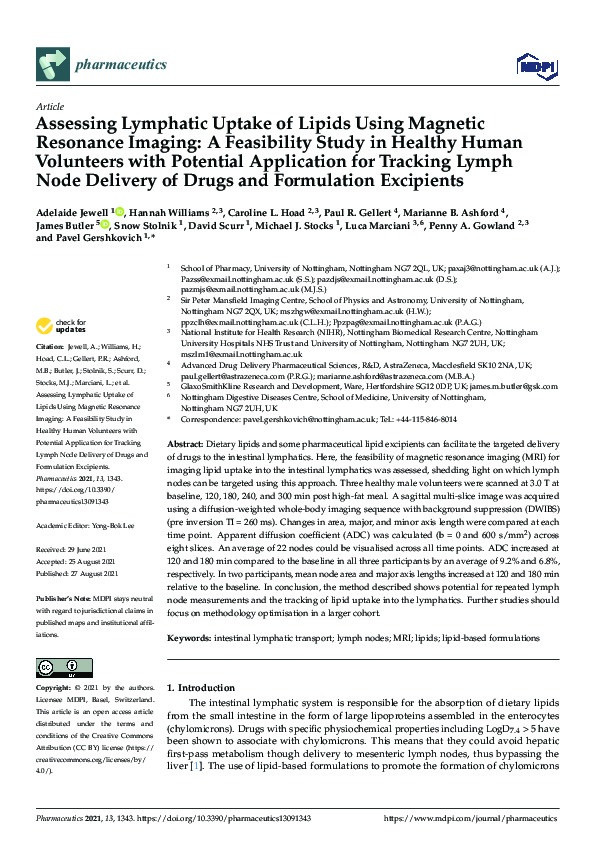 Assessing lymphatic uptake of lipids using magnetic resonance imaging: A feasibility study in healthy human volunteers with potential application for tracking lymph node delivery of drugs and formulation excipients Thumbnail