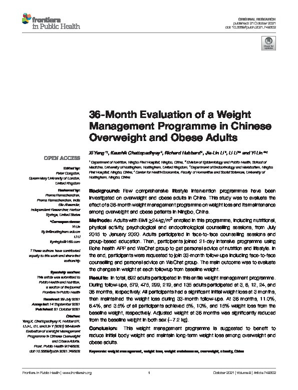 36-month evaluation of a weight management programme in Chinese overweight and obese adults Thumbnail
