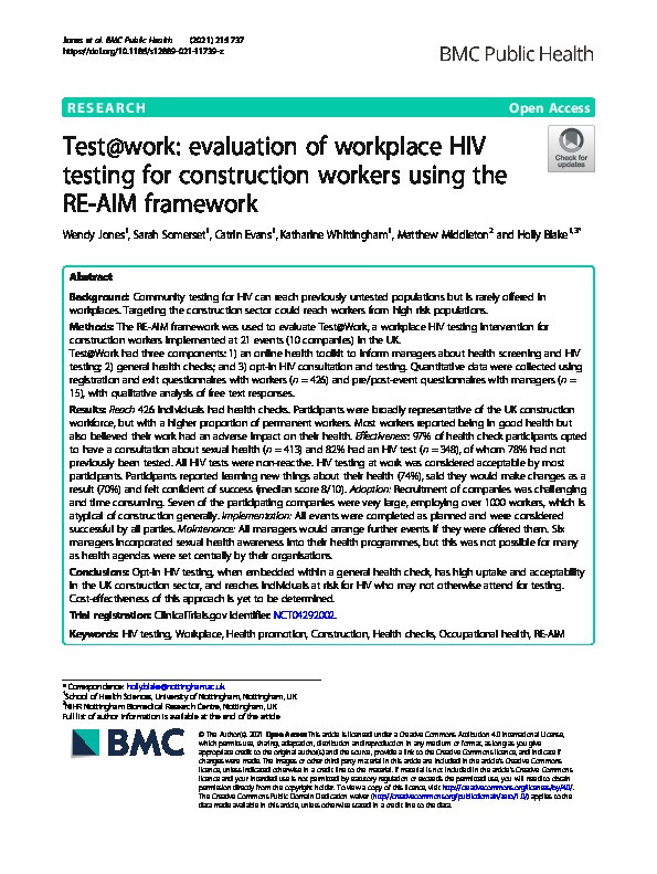 Test@work: evaluation of workplace HIV testing for construction workers using the RE-AIM framework Thumbnail